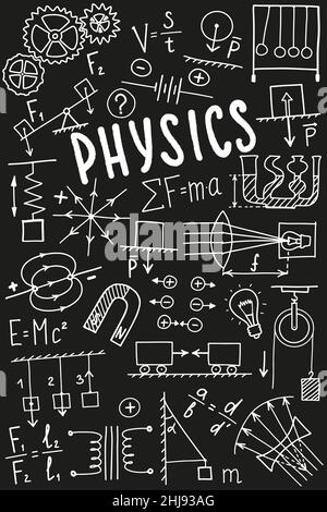 Phisics symbols icon set. Science subject doodle design. Education and study concept. Back to school sketchy background for notebook, not pad Stock Vector