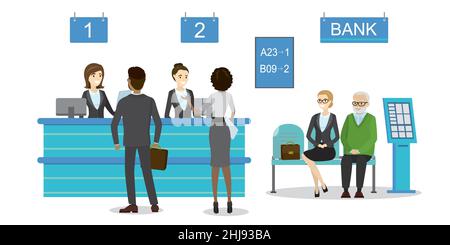 Male and female clients standing and talking to managers of bank or credit department.Cartoon people characters. Illustration isolated on white backgr Stock Vector