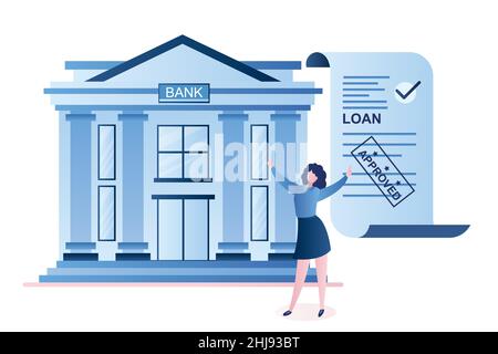 Happy businessman and credit agreement with stamp- approved,loan accepted document and bank building on background. Male character in trendy style. Ve Stock Vector