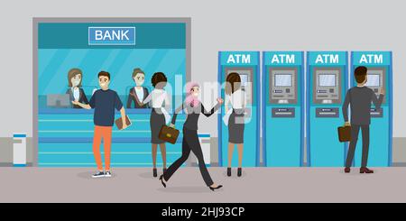 Bank counter or currency exchange service with managers and various clients.ATM with customers,cartoon male and female characters, flat vector illustr Stock Vector
