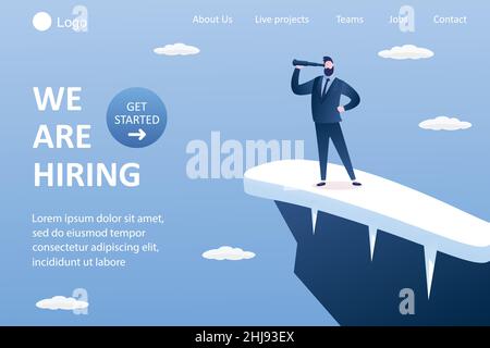 Businessman on top of a mountain looks into a telescope and hires.Landing page template. Recruitment concept in trendy style.Vector illustration flat Stock Vector