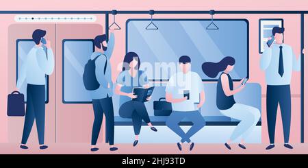 Subway underground, train car modern interior with various passengers with gadgets. People sitting and standing. Male and female characters in trendy Stock Vector