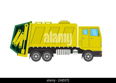 Yellow garbage truck side view, cartoon vehicle isolated on white background,flat vector illustration Stock Vector