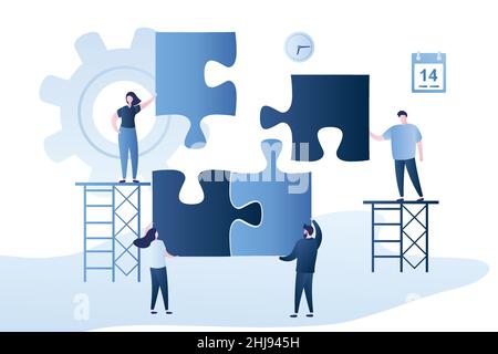Various business people with parts of puzzle. Teamwork and business team building concept background. Male and female characters in trendy style,vecto Stock Vector