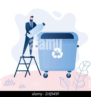 Man throwing plastic garbage in the big trash can. Recycling concept. Male character in trendy style,vector illustration Stock Vector