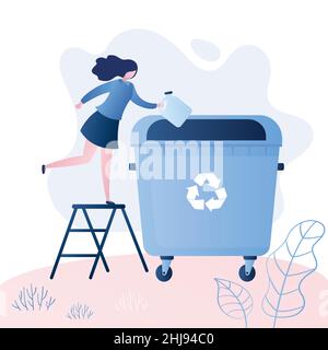 Woman throwing plastic garbage in the big trash can. Recycling concept. Female character in trendy blue style,vector illustration Stock Vector