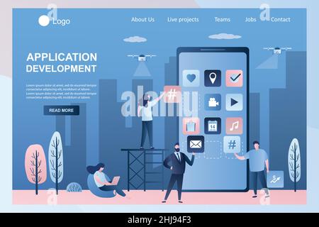 Software or mobile app development. Programmers and business people develop application,teamwork concept. Landing page template. Male and female chara Stock Vector