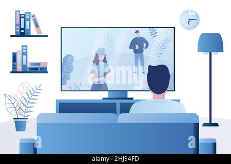 Man sits on the couch and watches TV,male character back view,living room interior,trendy style vector illustration Stock Vector