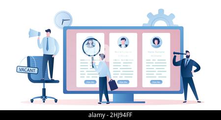 Businessmen are hiring, monitor screen with people resume. Business chair wirh sign-vacant.Male characters with various objects. Trendy style vector i Stock Vector