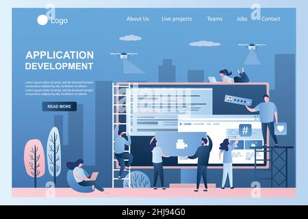 Application development landing page template. Big computer monitor with software and business team building app. Various people characters. trendy st Stock Vector