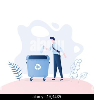 Man throwing plastic bottle garbage in the big trash can. Recycling and ecological concept. Male character in trendy style,vector illustration Stock Vector