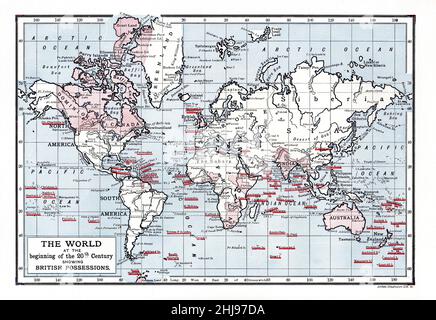 Colour Illustration; Map of the World at the beginning of the 20th Century showing British Possessions Stock Photo