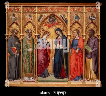 Luca di Tommè, Annunciation with St. Francis, St. Nicholas, and a Sainted Evangelist; the Prophets Elijah, Aaron, Malachi and Isaiah, 1370, Stock Photo