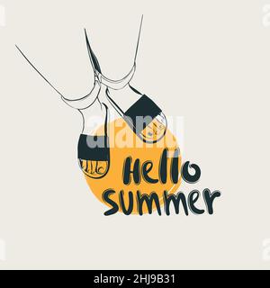Lettering hello summer. Top view of feet in slates. Vector graphic illustration for design. Stock Vector