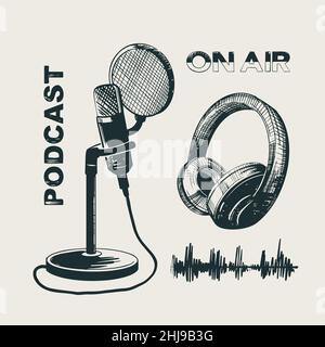 Studio headphones, microphone on stand and sound wave. Vector isolated sketch elements for podcast show design. Stock Vector
