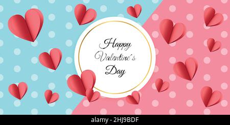 Pink and blue polka dot banner with paper hearts for Valentine's Day, write nice or advertising messages Stock Vector
