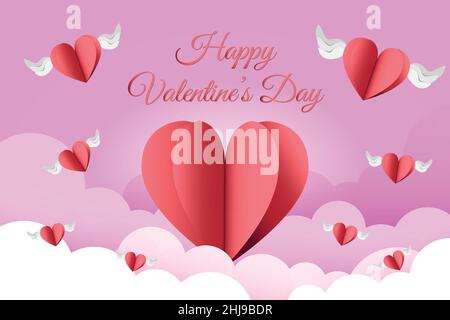 Elegant pink background of clouds and cut paper hearts with wings. Valentine's Day greeting card Stock Vector