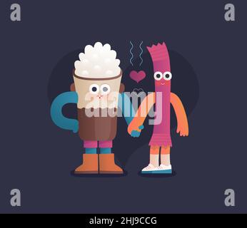 Perfect couple -Valentines day graphics. Modern flat vector concept illustration -Coffee cappuccino and a stick of sugar in love, holding their hands. Cute characters in love, perfect match concept Stock Vector