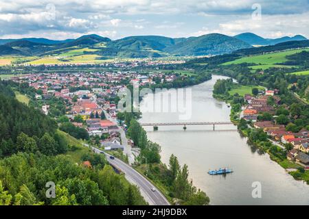 Hilly rural landscape with river. View from the castle  Strecno nearby Zilina town, Slovakia, Europe. Stock Photo