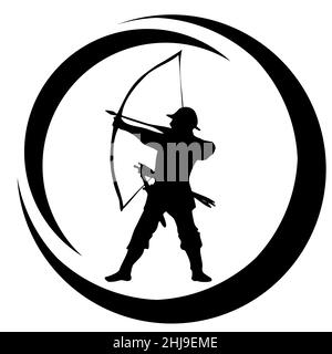 Medal or stamp of medieval warrior with sword,  bow and spears. The silhouette of an assassin who attacks the enemy Stock Photo