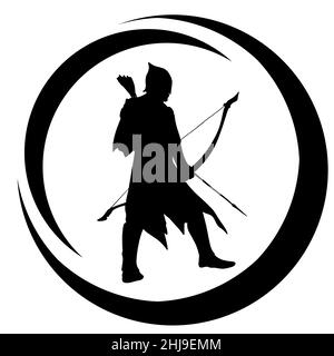 Medal or stamp of medieval warrior with sword,  bow and spears. The silhouette of an assassin who attacks the enemy Stock Photo