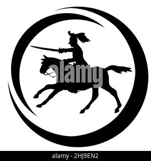 Medal or stamp of medieval warrior with sword,  bow and spears. The silhouette of an assassin who attacks the enemy Stock Photo