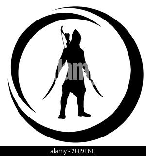 Medal or stamp of medieval warrior with sword,  bow and spears. The silhouette of an assassin who attacks the enemy Stock Photo