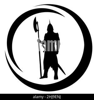 Medal or stamp of medieval warrior with sword,  bow and spears. The silhouette of an assassin who attacks the enemy Stock Photo