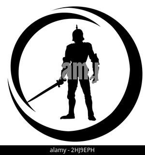 Medal or stamp of medieval warrior with sword,  bow and spears. The silhouette of an assassin who attacks the enemy Stock Photo