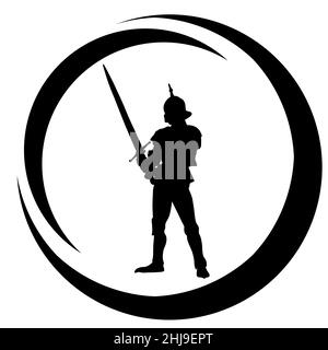 Medal or stamp of medieval warrior with sword,  bow and spears. The silhouette of an assassin who attacks the enemy Stock Photo