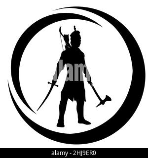 Medal or stamp of medieval warrior with sword,  bow and spears. The silhouette of an assassin who attacks the enemy Stock Photo