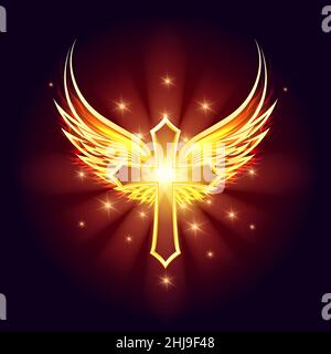 Golden Cross With Shining Wings On Black Background. Vector illustration. Stock Vector