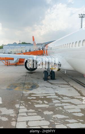 Sao Paulo, SP, Brazil - October 13, 2021: Gol airlines plane at Congonhas airport in boarding process. Stock Photo