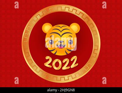 Vector emblem for new year of 2022 with head of a tiger. Vintage print of kawaii tiger for 2022 year inasian style. Stock Vector