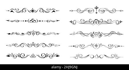 Ornate retro text delimiters, paragraph dividers, page footer decoration lines, borders, vignettes. Set of hand-drawn symmetric romantic elements in o Stock Vector