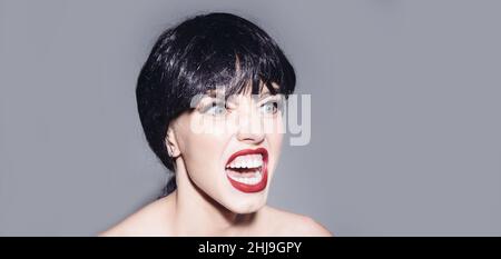 Mouth speech, woman screaming. Pretty girl shouting banner. Human emotions, facial expression concept. Shout and scream mouth. Horizontal banner for Stock Photo