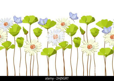 Vector floral seamless pattern, border. Horizontal panoramic design with daisies and butterflies. Stock Vector