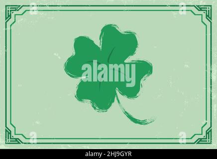 Vector vintage poster of clover with four leaf for Patrick's day. Vintage green lucky clover in hand drawing style with celtic frame. Stock Vector