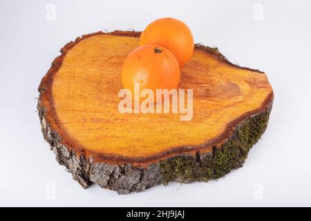 Fresh oranges on wooden table. Top view with copy space Stock Photo