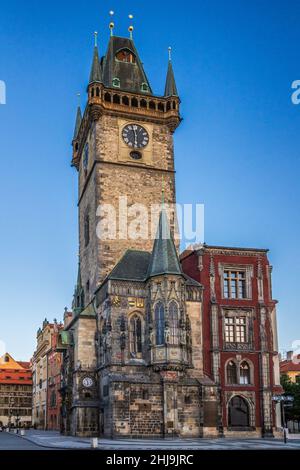The tower of the City Hall in the Old Town Square in Prague, Czech Republic, Europe. Stock Photo