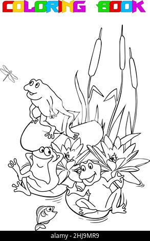 Vector illustration with funny cartoon frogs and water lilies in black and white outline. The illustration can be used as a coloring book page. Stock Vector