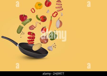 Creative food idea made of different fresh vegetables flying above frying pan for tasty cooking, isolated on yellow background. Minimal healthy food o Stock Photo