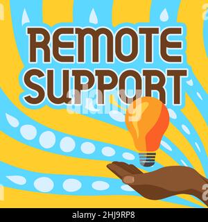Sign displaying Remote Support. Word for type of secure service, which permits representatives to help Lady Hands Holding Lamp With Formal Outfit Stock Photo