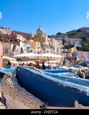 Marina Corricella is the most picturesque and charming spot on the island of Procida, with its colorful houses and its beautiful harbor Stock Photo