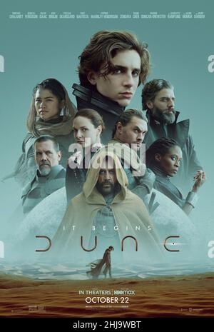 Dune (2021) directed by Denis Villeneuve and starring Timothée Chalamet, Rebecca Ferguson and Zendaya. Feature adaptation of Frank Herbert's science fiction novel about the son of a noble family entrusted with the protection of the most valuable asset and most vital element in the galaxy. Stock Photo