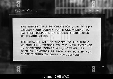 American Embassy, London, where a book of condolence has been opened for members of the public, in remembrance of assassinated American President Kennedy, Sunday 24th November 1963. Our Picture Shows ... sign in Embassy Window, opening times for condolences, cards and tributes. Stock Photo