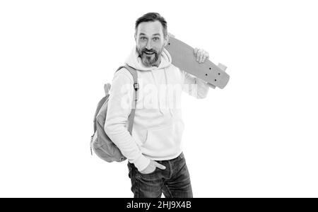 surprised man in yellow hoody with skateboard. adult skateboarder. male casual hipster style Stock Photo