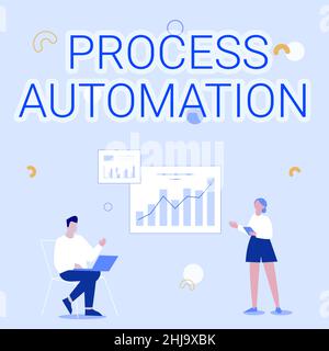 Handwriting text Process Automation. Business concept the use of technology to automate business actions Man Using Laptop And Girl Standing Sharing Stock Photo