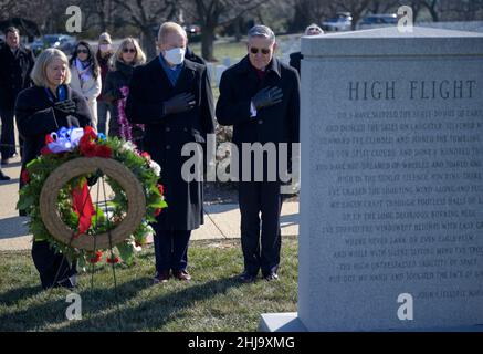 NASA Deputy Administrator Pam Melroy, left, NASA Administrator Bill Nelson, and NASA Associate Administrator Bob Cabana visit the Space Shuttle Challenger Memorial during a wreath laying ceremony that was part of NASA's Day of Remembrance, Thursday, Jan. 27, 2022, at Arlington National Cemetery in Arlington, Va. Wreaths were laid in memory of those men and women who lost their lives in the quest for space exploration. Mandatory Credit: Bill Ingalls/NASA via CNP Stock Photo