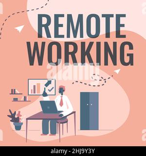 Writing displaying text Remote Working. Business idea style that allows professionals to work outside of an office Man Sitting On Desk Working And Stock Photo